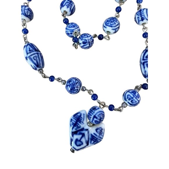 Vintage Chinese Painted Porcelain Bead Necklace & Earrings Blue White 25" - Picture 3 of 6